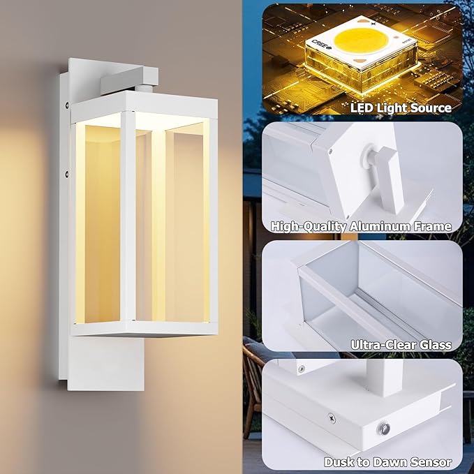 Dusk to Dawn Outdoor Wall Light 15 inch Exterior Light Fixture Wall Mount for House Front Porch Light White Anti-Rust Aluminium Exterior Wall Sconce Lamp with Tempered Glass for Doorway Garage