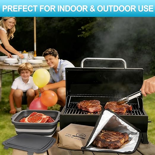 Collapsible Large BBQ Prep Tub &amp BBQ Resting Bag Foldable Cutting Board with Lid BPA Free Silicone Dish Bowl Leak Free Drain Hole for Meal Prep Marinating Food Storage(Black)