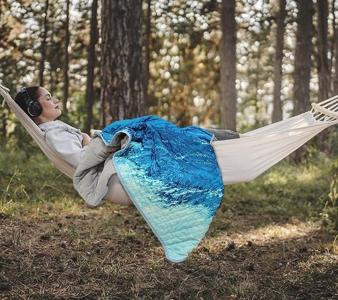 Outdoor Camping Quilt Warm Thick Blanket with Polar Fleece Packable Down Wearable Camp Blankets with Snap Buttons Soft Puffy Camping Quilt for Cold Weather (Waves 76'' x 56'')