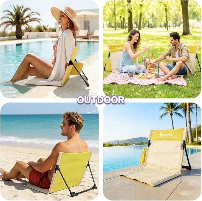 Extra Large Foldable Camping Chair with Cup HolderUltra-Light Portable Beach Chair with Carry Bag for Sunbathing Swimming Poolside Picnic Lawn Road Hiking Trips (Beige and Yellow)
