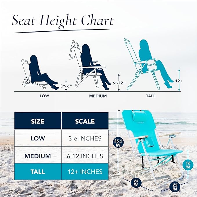 CARIBBEAN JOE Folding Beach Chair 4 Position Portable Backpack Foldable Camping Chair with Headrest Cup Holder and Wooden Armrests