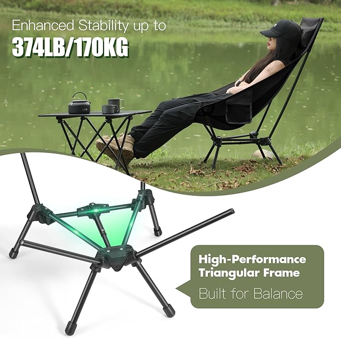 AuroraTrail High Back Folding Camping Chair with Pillow – Lightweight Portable Outdoor Chair with Cup Holder &amp Carry Bag Sturdy Aluminum Frame Supports up to 374 lb for Camping Hiking &amp Fest