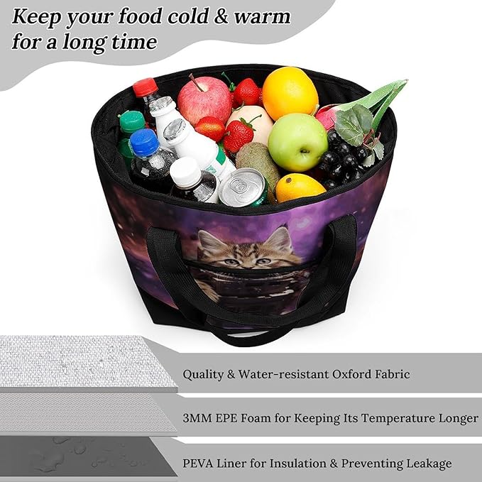 Insulated Shopping BagLarge Reusable Cooler Bags A Cat in Outer Space Printed Foldable Shopping BagTravel Waterproof Shoulder Bag