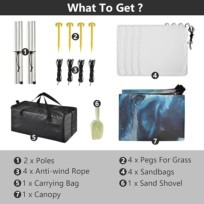 Drawing Galaxy Horse Beach Tent Sun Shelter 9.2' x 10.5' Beach Canopy with 4 Sandbags 4 Stability Poles Sand Shovels - Tent Canopy for Beach Camping Fishing Picnics