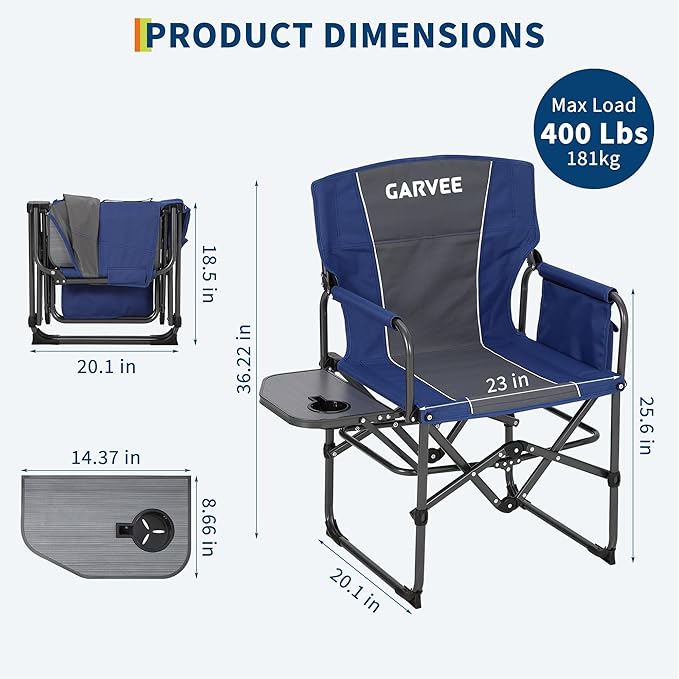 Oversized Camping Directors Chair Portable Folding Lawn Chairs for Adults Heavy Duty with Side Table Outdoor Foldable Camp Chair with Pocket for Beach Fishing Picnic Outdoor Foldable Camp Chair