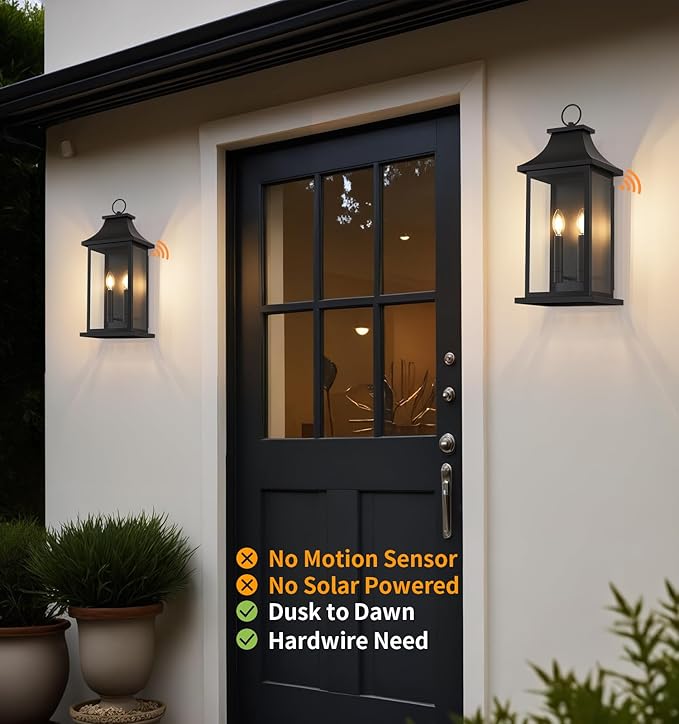 tewei 2-Pack Dusk to Dawn Outdoor Wall Lights 22'' Porch Light Outdoor Wall Sconce Lantern 2-Light Black Exterior Lighting Fixture Wall Mount Outside Light for House Garage