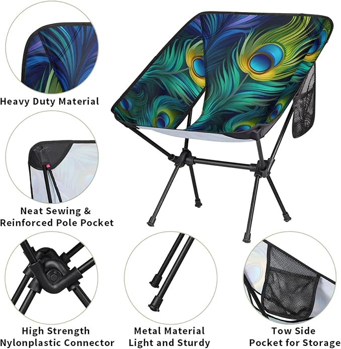 Honeybaby Folding Camping Chair Fairy Peacock Feathers Camping Chairs Lightweight Portable Chair Outdoor Foldable Chairs for Camping Travel Picnic Beach Hiking