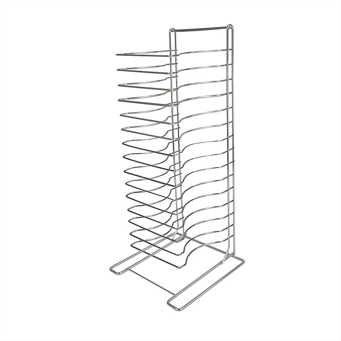TrueCraftware- 15 Tier Pizza Pan Rack Chrome Plated- Pizza Pan Rack Holder Safe Sturdy 15- Slot Pizza Rack for Pizza Pan Trays Screens Home Kitchen Restaurant Catering