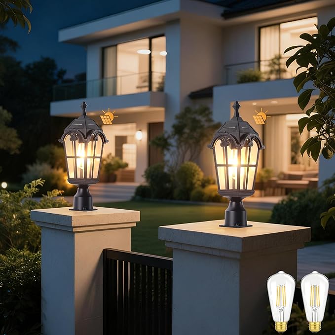 Solar Post Lights Outdoor with Bulb Dusk to Dawn Lamp Posts Outdoor Lighting Waterproof Solar Post Lamp Anti-Rust Exterior Pole Light Outside Pole Lighting for Yard Pathway Driveway Fence -2 Pack