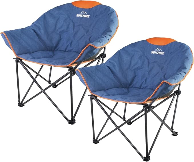 OUTDOOR LIVING SUNTIME Oversized Padded Camping ChairPortable Comfy Outdoor Folding Moon Round Saucer Chairs for Adults with Holder and Carry Bag Perfect for Hiking Lawn Patio Sports（Denim 2 Pack）