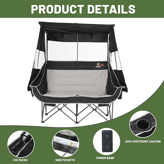 Nice C Heated Double Camping Chair with Canopy Heated Outdoor Sports Folding Chair with Battery Portable Padded Umbrella Chairs with Shade Cup Holder Cooler Bag Loveseat for Lawn Outdoors