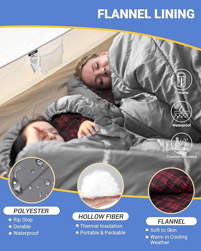 KingCamp Sleeping Bag for Adults Cold Weather &amp Warm Extra Wide Big &amp Tall XL Portable Waterproof Flannel Sleeping Bags Essentials Gear Accessories for Camping Backpacking Hiking Indoor &amp