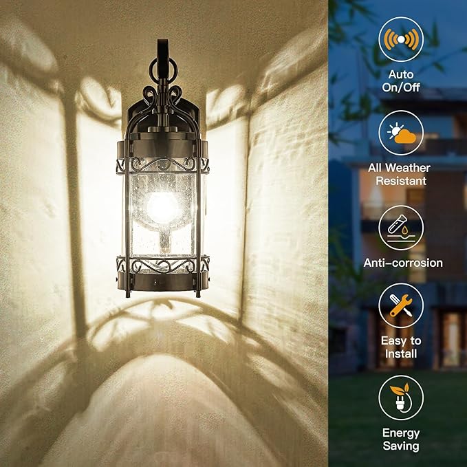 Dusk to Dawn Sensor Outdoor Wall Sconce14.96 H Vintage Exterior Light Fixture with IP65 WaterproofClassical European Style Porch Light with Bubble Glass for Garage Yards Patio
