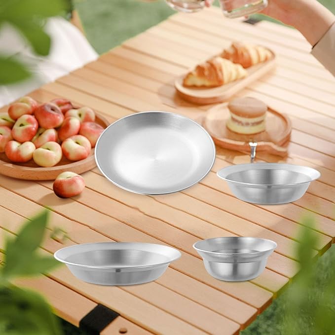 pistro Stainless Steel Plates and Bowls Outdoor Tableware Insulated Metal Bowls Camping Utensils Dinnerware Set for Picnic BBQ Beach- 4pcs Silver