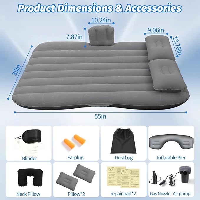 Inflatable Car Air Mattress Back Seat Bed with Air Pump55 x 35 Portable Thickened Car Travel Camping Sleeping Air Mattress Blow Up Bed for Car Universal SUV
