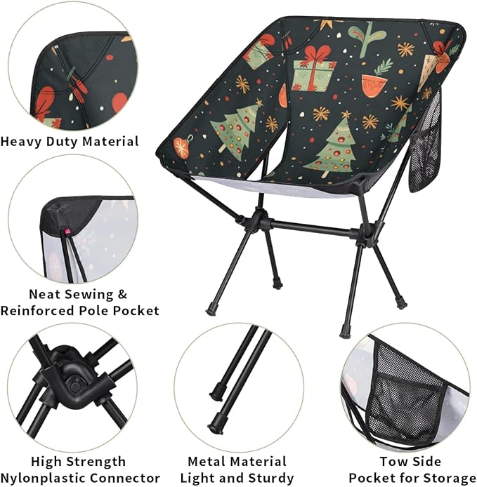 Portable Camping Chair Retro Xmas Tree Ultralight Folding Camping Chair Backpacking Hiking Chair with Cup Holder for Outdoor Travel Beach Picnic Festival Compact Portable 176 lbs Capacity