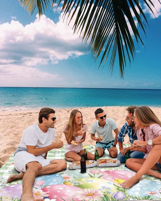 Beach Blanket Waterproof Sandproof Easter Egg Green Check Quick Drying Beach Mat with 4 Stakes Spring Flower Leaf Pastoral Style Lightweight Picnic Blanket for Travel Camping Outdoor 83x79