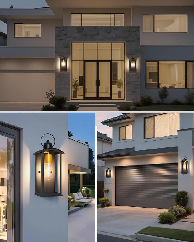 Dusk to Dawn Outdoor Wall Light Fixtures 15inch Waterproof Patio Lanterns Exterior Wall Mount Lantern Sconce with Glass Black Wall Sconces for House Garage Front Door