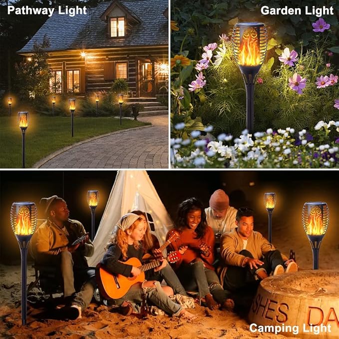 4Pack Solar Torch Light with Flickering Flame Upgraded 3in1 Solar Lights Outdoor Hanging Lantern Waterproof Landscape Decoration Lighting for Garden Yard Pathway Driveway Auto On/Off