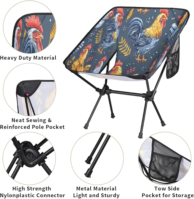 Cute Funny Chicken Portable Camping Chair Lightweight Folding Backpacking Chair Compact Foldable Beach Seat with Carry Bag for Outdoor Hiking Fishing Travel