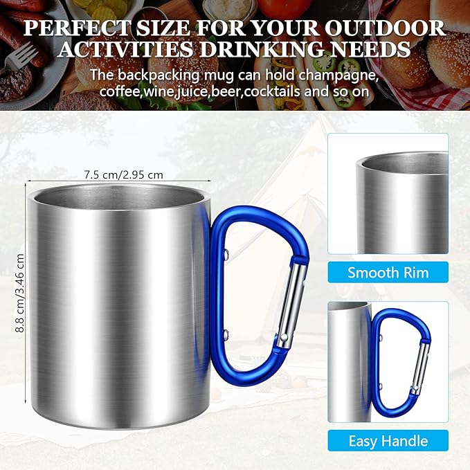 Nuanchu 12 Pcs Insulated Stainless Steel Camping Cup 10 oz Portable Camping Coffee Mug with D Ring Handle Hiking Mug for Home Tea Hot Cold Drinks Outdoor Sports Travel Backpacking Kitchen 3 Styles