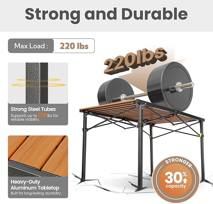 46.4 Large Folding Camping Table for 2-6 People - Heavy Duty Camp Table Foldable with Aluminum Roll-Up Top &amp Carry Bag - 220lbs Capacity Portable for BBQ Tailgating Backyard (Natural)