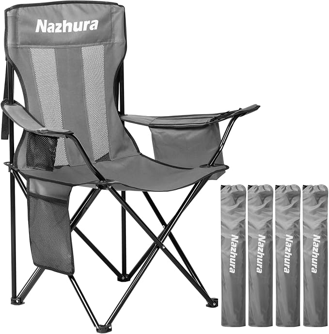 Nazhura 4 Pack Outdoor Camping Chairs Folding/Foldable/Portable with Cooler Pouch Mesh Backrest and Cup Holder Pocket(Grey) (Grey 4 Pack)