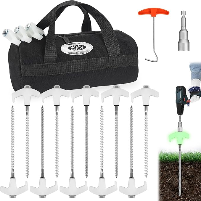 10 Pcs 8 Heavy Duty Drill Tent Stakes with Storage Bag Glow-in-The-Dark Ground Anchor Peg Metal Threaded Screw-in Tent Stake for Camping Swing Canopies with 1 Hex Nut Driver Peg Puller