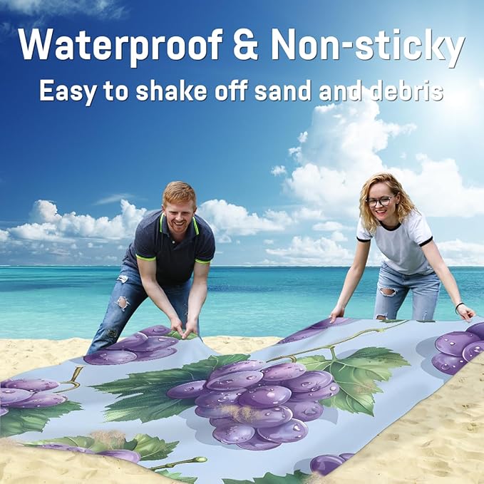 Waterproof Sandproof Beach Blanket 59''×68'' Fruits Grapes Polyester Outdoor Picnic Blanket with 4 Stakes &amp Storage Bag for BeachCampingVacation Purple