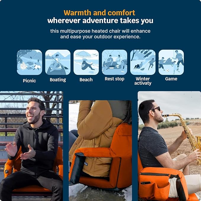 Alpcour Heated Reclining Stadium Seat for Bleachers – Wide Bleacher Chair with Back Support and Cushion Armrests Side Pockets &amp Hook – Stadium Seats Chairs for Camping Kayak Paddle Board &amp
