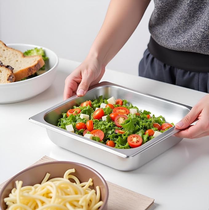 4 Pack Half Size Hotel Pan 1/2 Size 2.5 Inch Deep Stainless Steel Steam Table Pan Stackable Steam Pan Half Pans for Chafing Dishes Breading Trays for Home Party Hotel Buffet