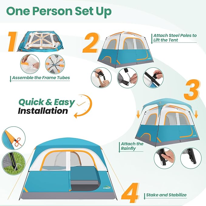 COBIZI Camping Tent 4 Person Easy Setup Waterproof Windproof Backpacking Tent with Removable Rainfly Lightweight Portable Outdoor Family Tents for Camping Travel Fishing Hiking Scouts (Green)