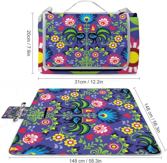 Seamless-polish-folk-art-pattern-with-roosters-vector-2482176 Waterproof Outdoor Picnic Blanket Sandproof Beach Mat for Camping Hiking Grass Travelling