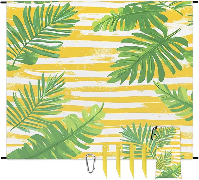 Waterproof Sandproof Beach Blanket 59''×68'' Plants Sequoia Leave Polyester Outdoor Picnic Blanket with 4 Stakes &amp Storage Bag for BeachCampingVacation