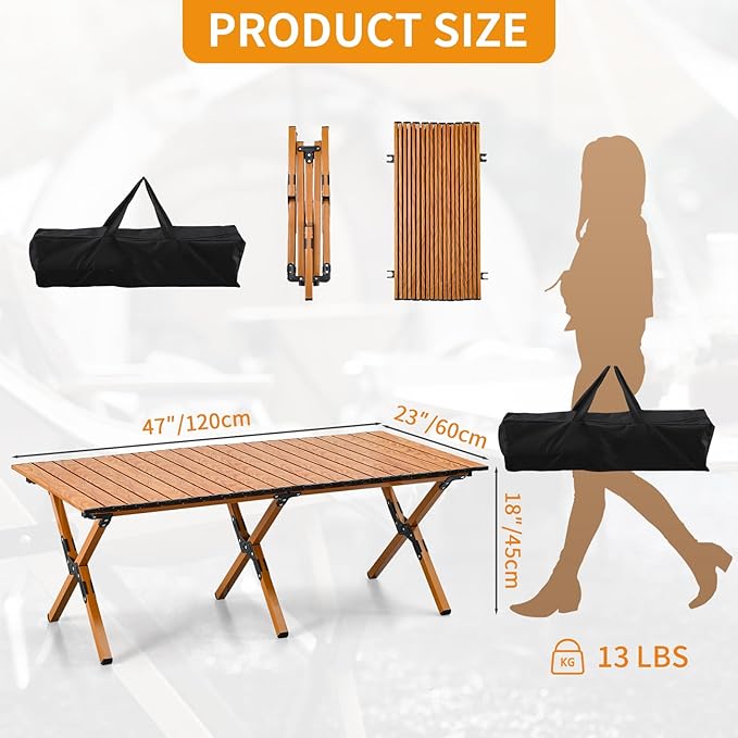 BOOSDEN Portable Folding Camping Table Outdoor Low Picnic Table Aluminum Roll-up Camping Table with Carry Bag Lightweight Foldable Camp Table for BeachParty Patio BBQ Travel Backyard