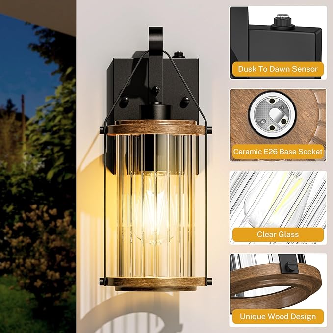 Dusk to Dawn Outdoor Light Front Porch Light Waterproof Exterior Lighting Fixtures Wood Effect Glass Modern Outside Light for House Patio Yard Garage Black 1 Pack