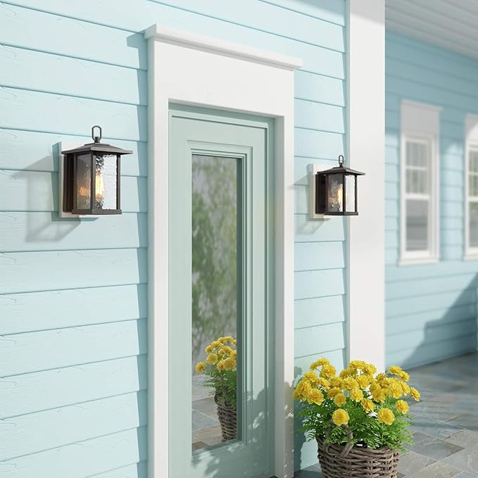 LALUZ Rectangle Outdoor Light Fixtures Wall Mount Weather-Proof Porch Lights Outdoor with Water Ripple Glass Anti-Rust Outdoor Wall Lantern for Patio Yards Garden Front Door Matte Black Finish