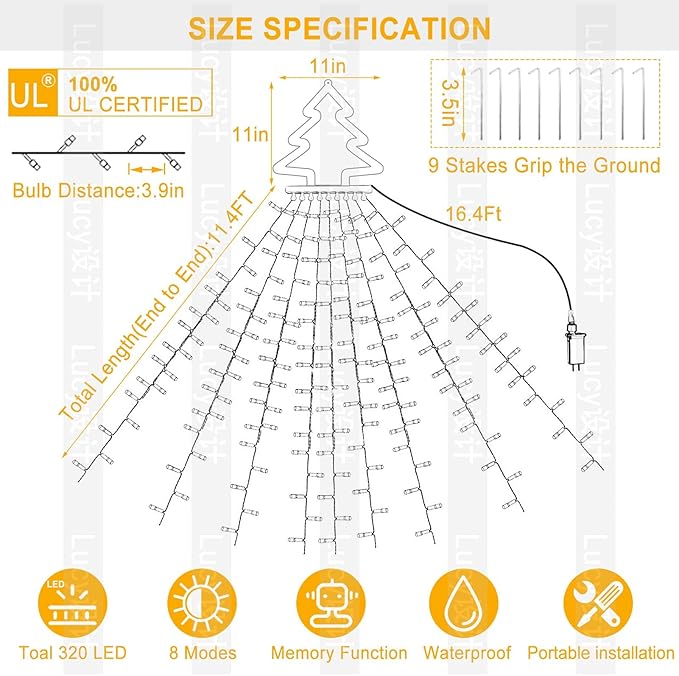 PUHONG Christmas Decoration Outdoor Christmas Tree Lights 320 LED 16.4Ft Outdoor Fairy Topper Lights[8 Modes &amp Waterproof] with 11 Lighted Xmas Tree for Halloween Xmas New Year Holiday(White)