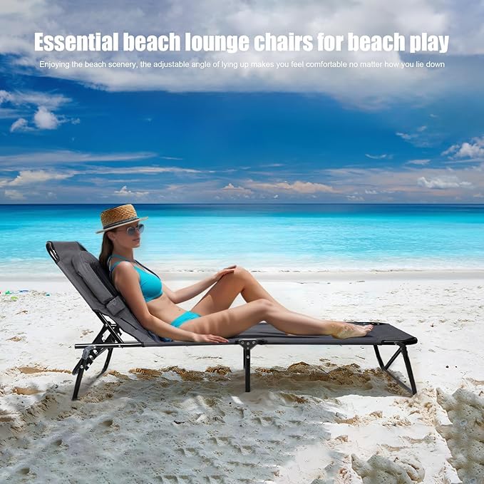 Adult Foldable Camping Cot with Reclining Folding Chaise Design Heavy Duty Lounger Chair for Indoor Outdoor Use Adjustable Height Bed with Face Hole &amp Detachable Pillow Grey