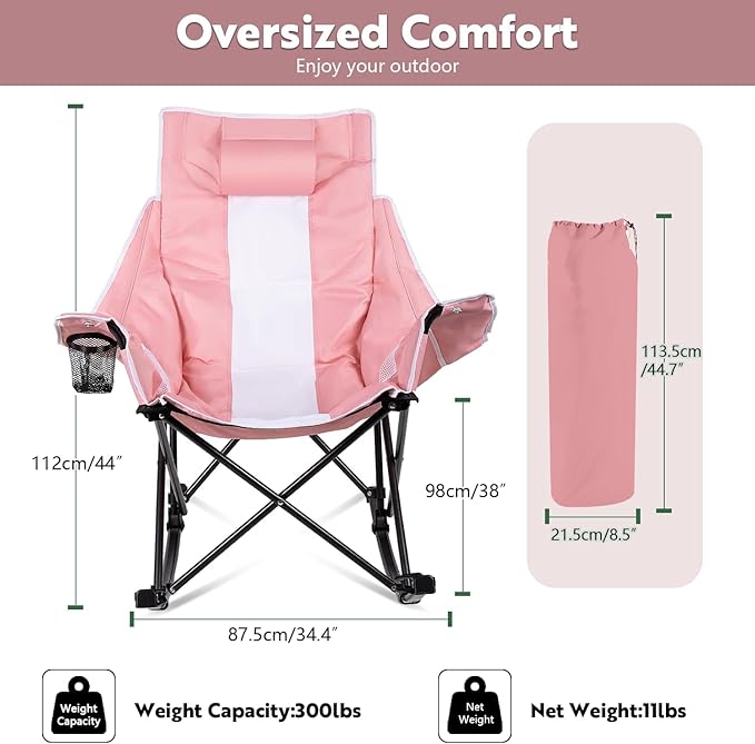 VITESSE Oversized Rocking Camping Chair Luxury Padded ReclinerOversized Folding Lawn Chair with Pocket and Carry BagOutdoor Camp Rocker Chairs for Adults Heavy Duty 300 LBS (Pink)