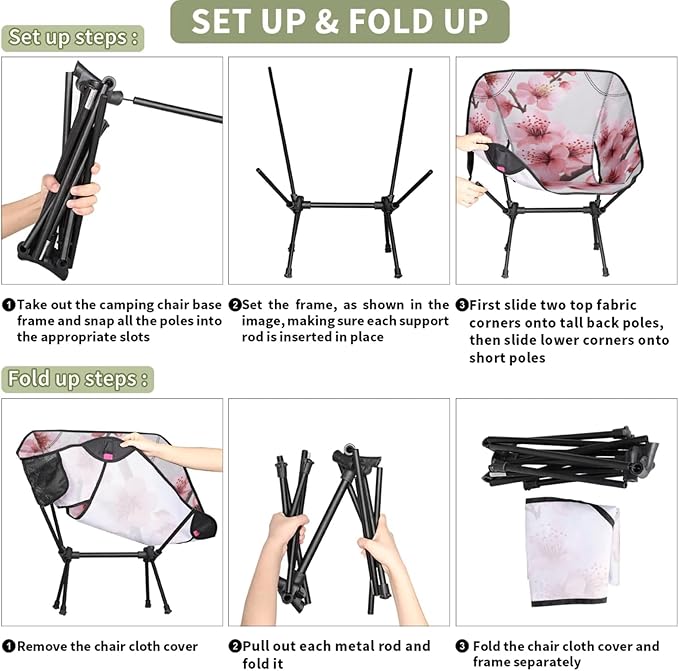 Honeybaby Folding Camping Chair Peach Flower Camping Chairs Lightweight Portable Chair Outdoor Foldable Chairs for Camping Travel Picnic Beach Hiking