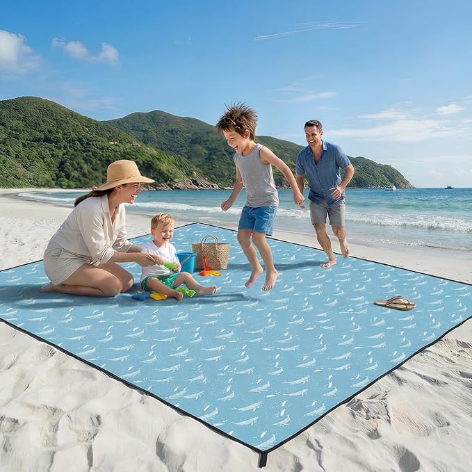 OIGAE 7x7ft Sandproof Beach Blanket - Large Waterproof Picnic Mat for 3-4 People Lightweight Sand Free Mat for Summer Vacation with 6 Stakes &amp 4 Corner Pockets for Beach Camping Festivals