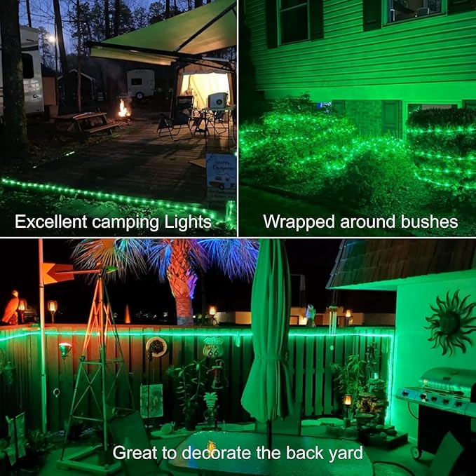 QITONG 2 Pack Green St Patricks Day Lights Each 33ft 100 LED Solar Rope Lights Outdoor 8 Modes Fairy Lights in Clear PVC Tube