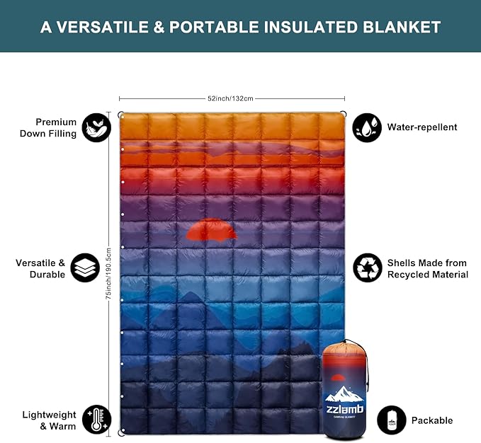 zzlamb Puffy Down Camping Blanket Water-Repellent Down Throw Travel Blanket Portable for Outdoor Light Warm Quilt for Couch Plane Car Theater Stadium Picnic RV Backpacking Hammock
