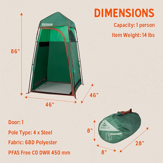 Kelty Discovery H2GO Privacy Shelter Campsite Shower and Changing Shelter Zippered Entry Steel Pole Frame Freestanding