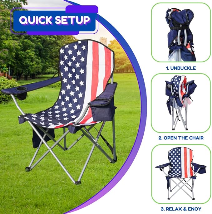 EZONE 2-Pack Camping Chairs with Built-in Ice Cooler Portable Chair Storage Pocket Cup Holder and Carry Bag Perfect for Camping Tailgating Fishing Beach and Lawn (2 Flag)