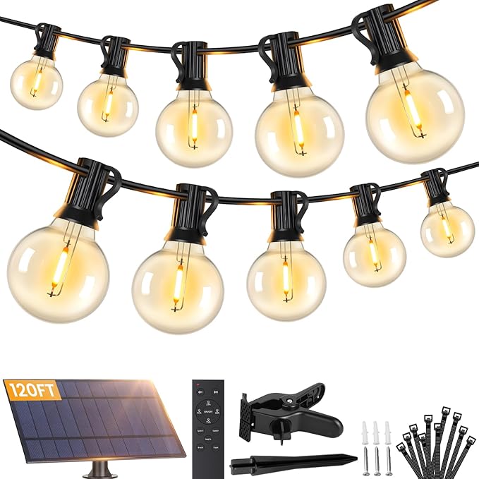 Brightever 120FT Solar String Lights Outdoor with Remote Waterproof Dimmable 3 Modes Outdoor Lights with 50+2 LED Shatterproof G40 Bulbs Solar Power Patio Lights for Outside Wedding Party Decor