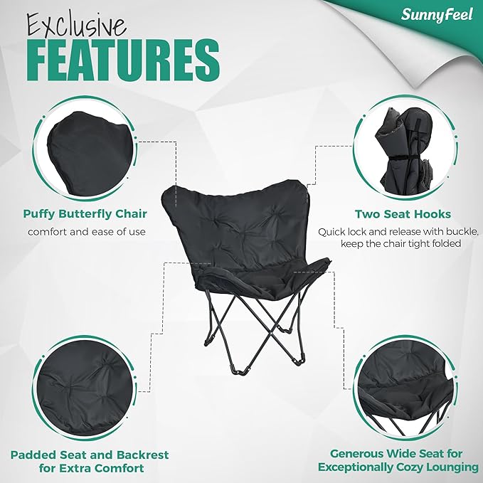 SunnyFeel Oversized XL Padded Camping Chair Outdoor Butterfly Chair Portable Folding Large Camp Lounge Chairs Padded Living Room Indoor Chairs Lawn Chairs for BeachTailgatingSport EventsPicnic