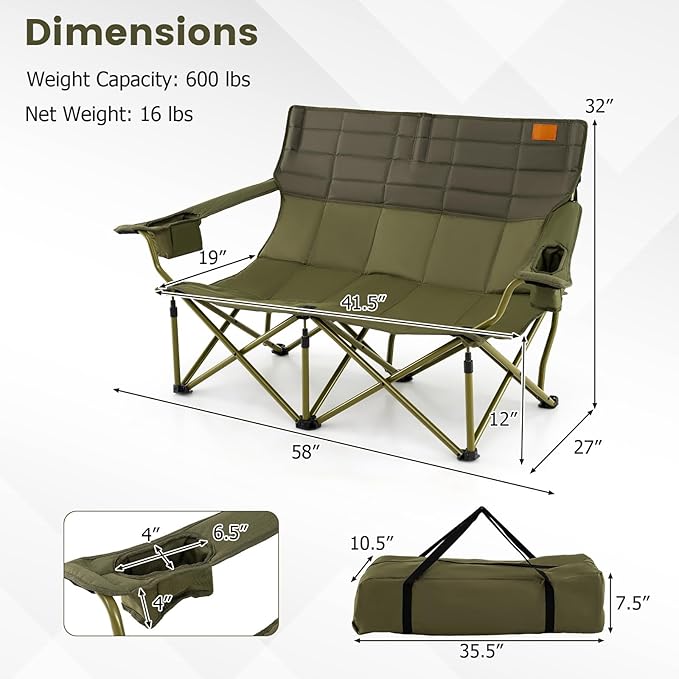Goplus Double Camping Chair for Adults Low Outdoor Folding Loveseat Couch Chair w/Cup Holders Thick Padding Heavy-Duty 2 Person Lawn Chair for Beach Picnic Travel Supports 660 LBS(2-Person Seat)