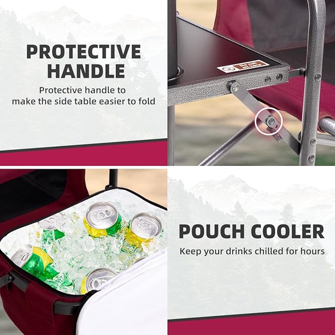 Director Camping Chair with Cooler Bag &amp Foldable Side Tray - 400lbs Heavy Duty Outdoor Folding Lawn Chair Portable Camp Chair for Backyard Fishing Beach (Wine Red)